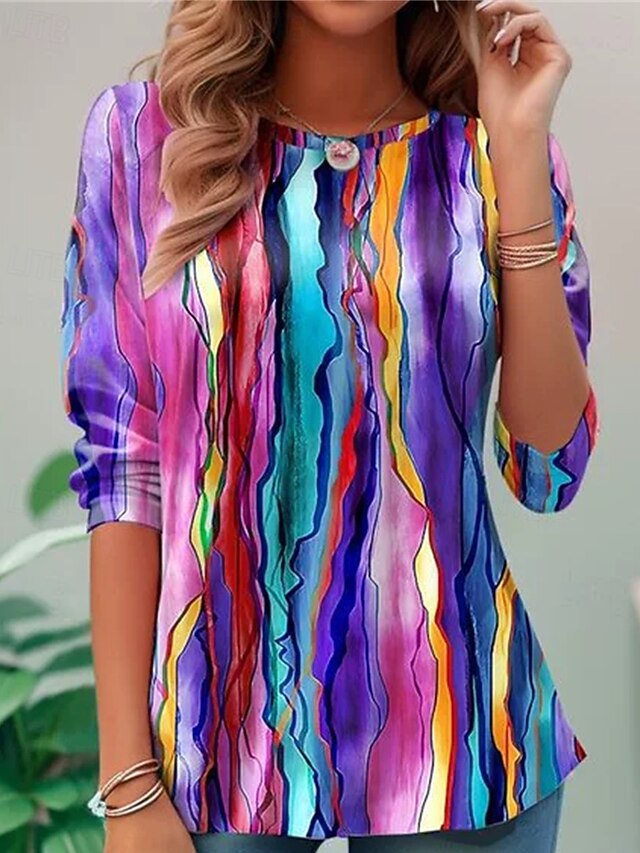 Women's T Shirt Color Block Casual 3/4 Length Sleeve Round Neck Regular Tops Daily Going out Weekend Fuchsia Summer4