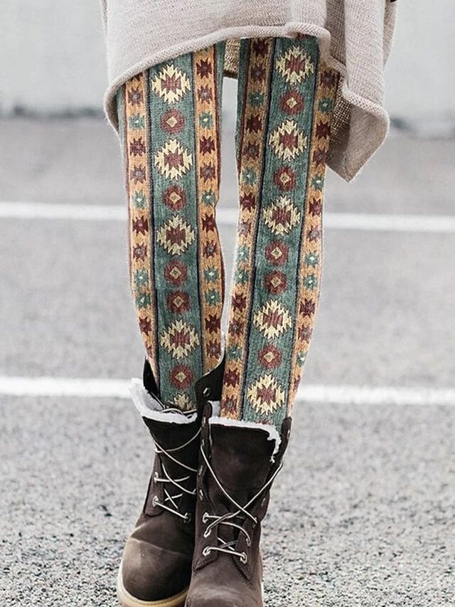 Women's Pants Trousers Leggings Cozy Leggings Vacation Vintage Full Length High Waist Geometric Color Block Elastic Waist Print Breathability Comfortable Stretchy Vacation Street Green Summer Spring4