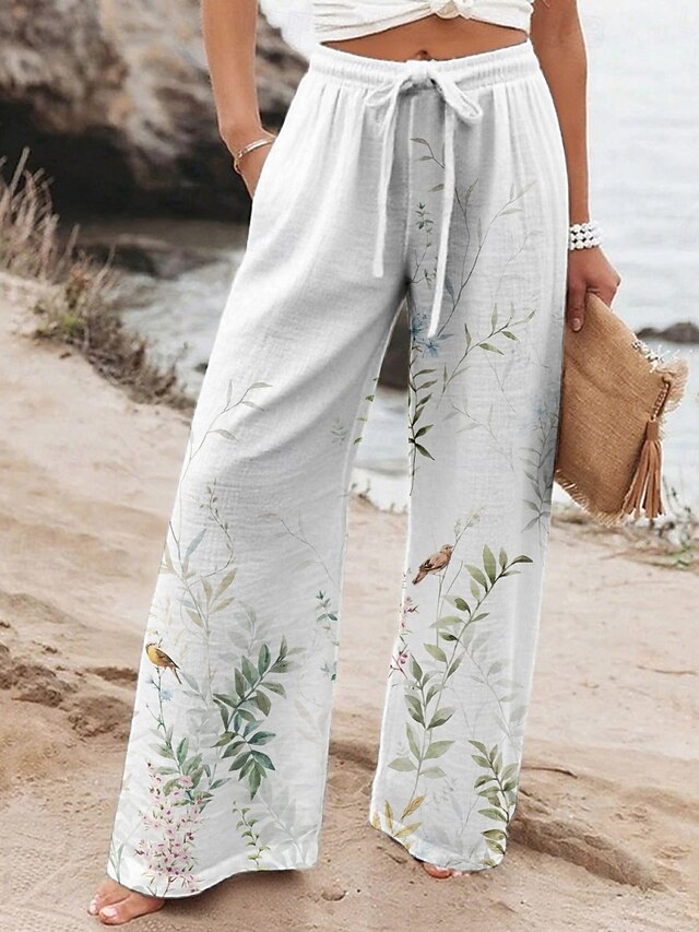 Women's Wide Leg Pants Trousers Vacation Casual Long High Waist Floral Elastic Waist Printing High Cut Breathability Soft Micro-elastic Vacation Street Daily Wear White Blue Purple Spring Fall4