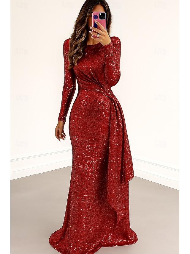  Vestido de noite elegante, vermelho, azul, com lantejoulas, comprimento até o chão, manga comprida, gola redonda com pregas brilhantes, 2025