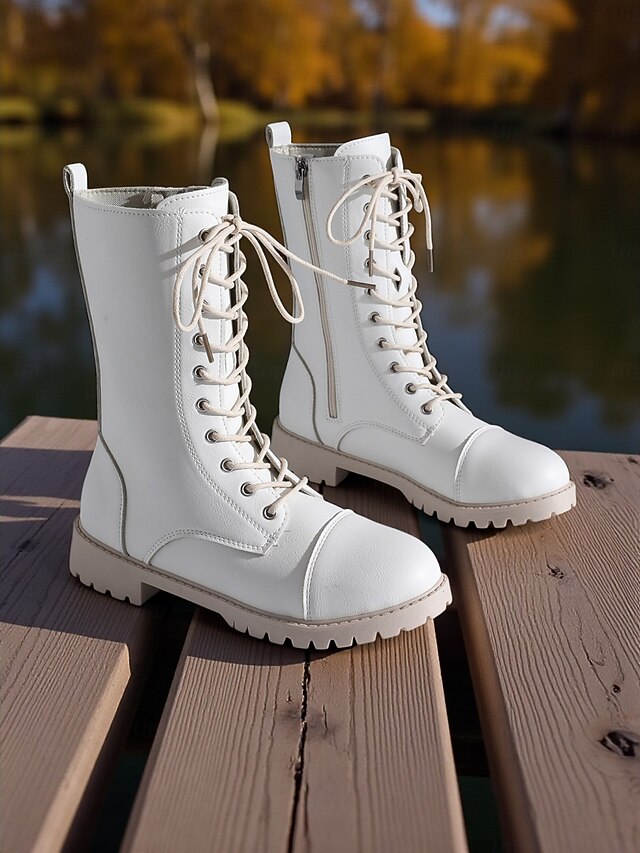  Botas de combate femininas brancas com cadarço e zíper lateral, calçados urbanos estilosos