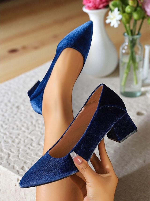  Escarpins à talons carrés en velours violet pour femmes - chaussures habillées rétro à bout pointu pour un usage quotidien élégant, les déplacements en automne et en hiver et les tenues de bureau