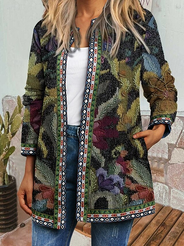 Women's Winter Coat Casual Jacket Warm Quick Dry Pocket Open Front Modern Floral Casual Daily Casual Daily Short Crewneck Regular Fit Long Sleeve Outerwear Red Navy Blue Green Spring Fall4