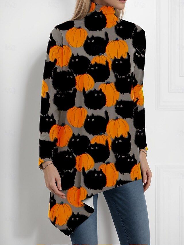 Halloween Women's Blouse Floral Graphic Skull Elegant Active Stylish Long Sleeve Turtleneck High Neck Long Tops Party Evening Wear Daily Going out Asymmetric Hem Orange Summer Spring Fall Winter4