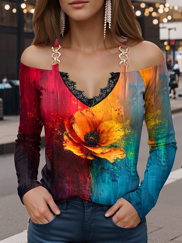Women's T Shirt Floral Vintage Casual Long Sleeve Off Shoulder Regular Tops Daily Patchwork Print Black Red Orange Summer4