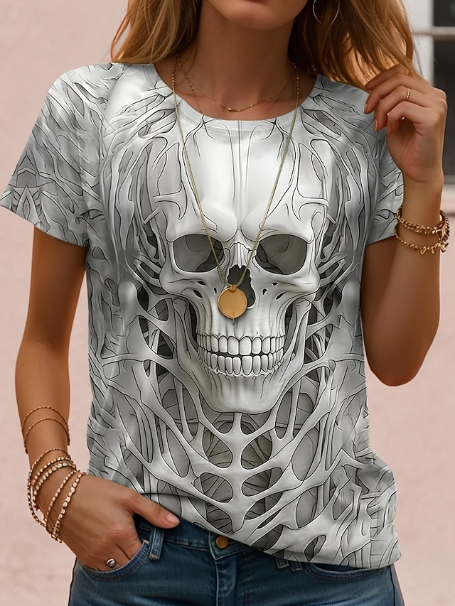 Halloween Damen T Shirt Grafik Schädel Halloween Vintage Stilvoll Klassisch Kurzarm Rundhalsausschnitt Normale Oberteile Täglich Wochenende Druck Schwarz Rote Leicht Braun Blau Orange Herbst Winter