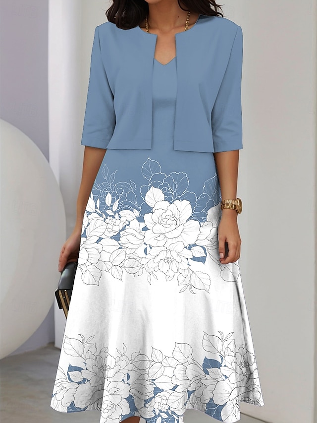  Ensemble de robes pour femmes en deux pièces robe midi avec veste élégante robe en A manches mi-longues robe décontractée semi-formelle imprimé floral ombragé encolure en V rendez-vous jaune clair