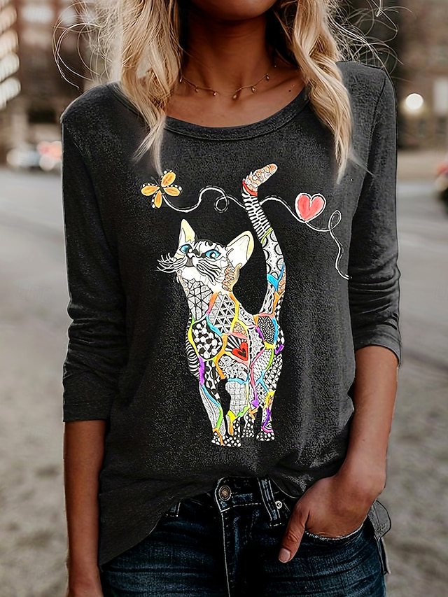  Camiseta de Mujer de Manga Larga Floral Gráfica Gato Vintage Estilo Clásico Cuello Redondo Regular Tops Impresión Diaria Negro Azul Verde Primavera Otoño Prefall