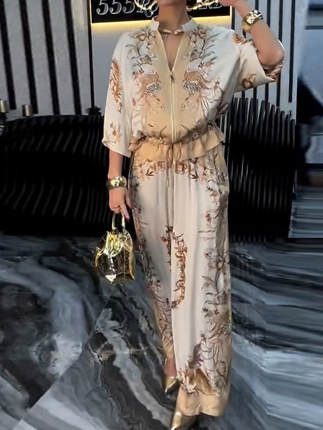  女性用 活発的 ファッション ブラウス パンツセット 長袖 スタンド フラワー ドローストリング プリント アウトドア お出かけ ブルー オレンジ グリーン 秋 レギュラー