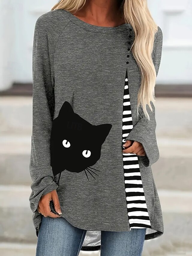 Women's T Shirt Graphic Animal Geometric Vintage Stylish Classic Long Sleeve Crew Neck Round Neck Long Tops Daily Print Gray Spring Fall4