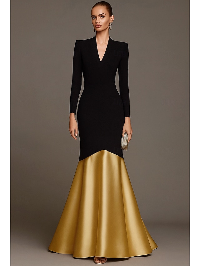  A-Linie Meerjungfrauenschnitt Abendkleid Elegant Kleid Formell Hochzeit Bodenlang Langarm V Ausschnitt Stretch-Crêpe mit Falten 2025