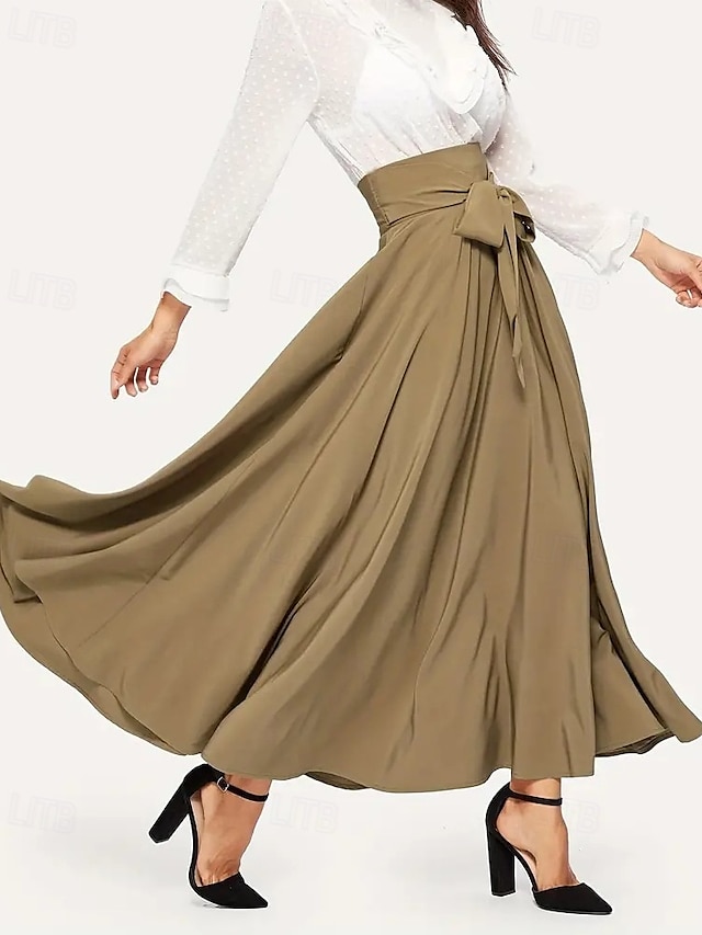  Damen Strumpfhosen Rock A-Linie Mode Lässig Maxi Hohe Taille Röcke Einfach Schleife Urlaub Straße Schwarz Khaki Frühling Polyester