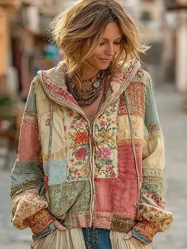 Women's 3D Print Vintage Boho Hoodie Patchwork Hoodie Sweatshirt Floral Zip Up s Floral Punk Active Vintage Long Sleeve Hooded Regular Tops Home Dailywear Casual Patchwork Pink Fall Winter3