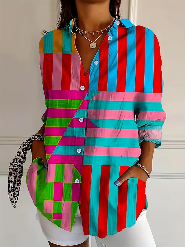 Women's Shirt Floral Graphic Vintage Tropical Stylish Long Sleeve Shirt Collar Regular Tops Work Daily Patchwork Buttons Print Rainbow Summer Spring Fall Winter4