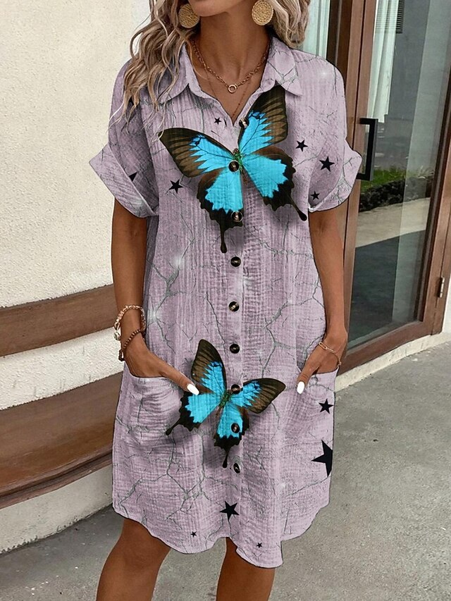 Women's Mini Dress Shirt Dress Casual Dress Print Dress Fashion Modern Daily Beach Weekend Regular Fit Butterfly Short Sleeve Shirt Collar Purple Summer Spring Fall Autumn4
