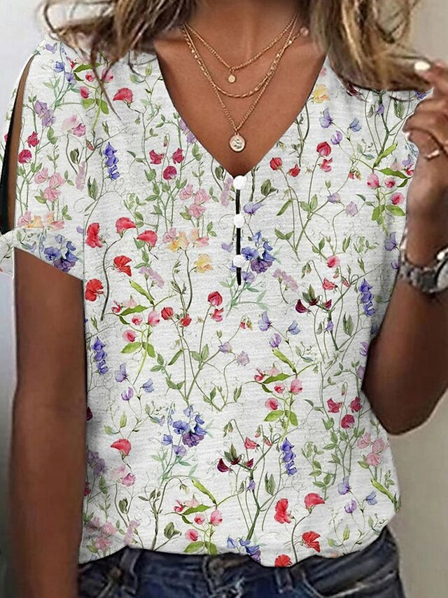 Women's T Shirt Floral Casual Short Sleeve V Neck Regular Tops Daily Going out Print Pink Blue Green Summer4