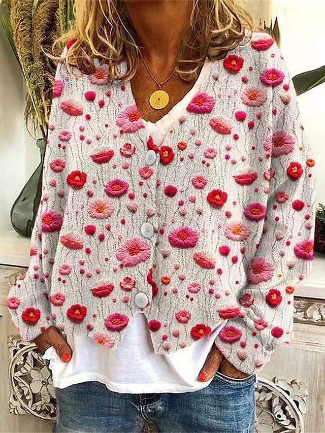  Femmes Manteau Veste Décontractée Chaud Confortable Imprimé Mode Moderne Occasionnel Fleuri Sortir Week-end Simple Boutonnage Régulier Col en V Coupe régulière manche longue Vêtements d'extérieur