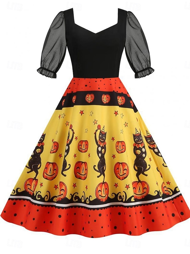  Halloween Naisten Midimekko A linjainen mekko Vapaa-aika Päivittäin Pyhäpäivä Normaali Kurpitsa hämähäkinverkko Lyhythihainen Nelikulmainen kaula-aukko Musta Keltainen Purppura Kesä Kevät Syksy