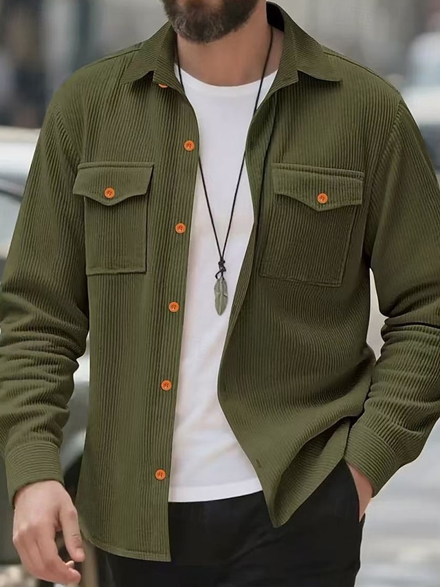  Herren Leichte Jacke Cordjacke Cargo-Jacke Freizeitjacke Urlaub Täglich Atmungsaktiv Tasche Frühling Herbst Einfach Mode Klassisch Revers Regulär Schwarz Hellgrau Armeegrün Beige Jacken