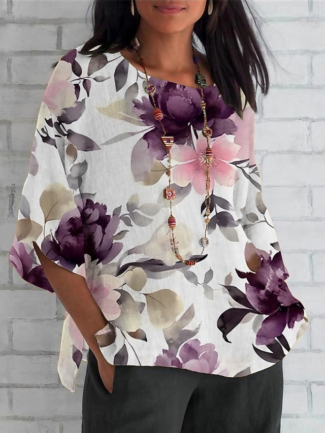  Mujer Camisa Floral Diario Casual Manga 3/4 Cuello Barco Tops regulares Diario Festivos Estampado Morado Verano Primavera Otoño