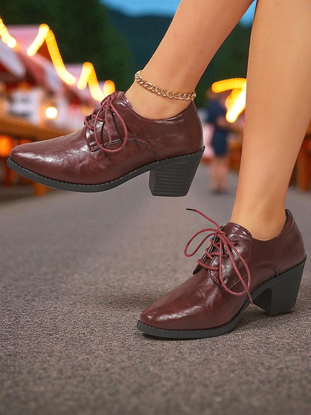  Oxfords femininos de couro preto com cadarço e salto bloco – sapatos clássicos de estilo vintage para Oktoberfest, passeios casuais e uso diário