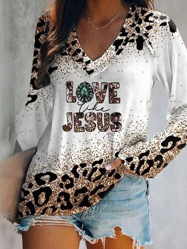 Women's T Shirt Graphic Leopard Vintage Stylish Classic Long Sleeve V Neck Regular Tops Daily Weekend Vacation Wear Print White Spring Fall Spring, Fall, Winter, Summer Witch4
