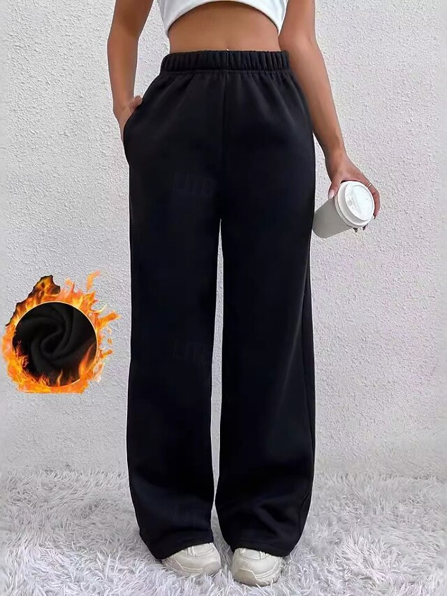  女性用 ワイドレッグ スラックス ストリートファッション カジュアル 全長 ナチュラルウエスト 平織り ポケット 弾性ウエスト 快適 バケーション 日常 お出かけ グレー ブラック 冬 レギュラー