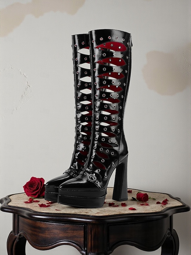 Bottes hautes gothiques ajourées pour femmes, bottes à talons à lacets rétro avec design découpé, chaussures de costume élégantes pour tenues de fête d'Halloween