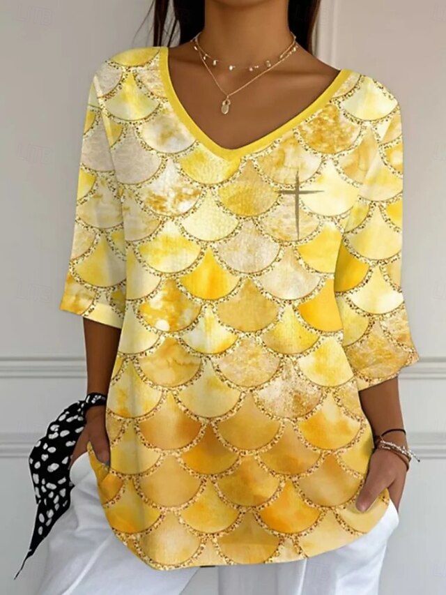 Women's Blouse Graphic Daily Casual 3/4 Length Sleeve V Neck Regular Tops Daily Holiday Print Gold Summer Spring Fall4