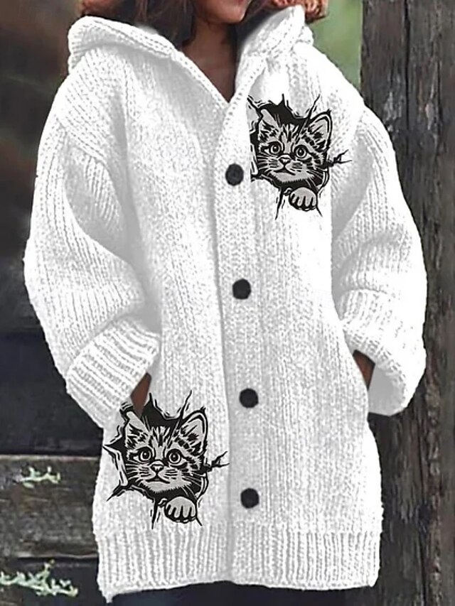 Women's Cardigan Vacation Daily Animal Ribbed Hooded Knitted Print Front Pocket Long Sleeve Regular Tops Knit Outdoor Daily Holiday White Yellow Fall Winter4