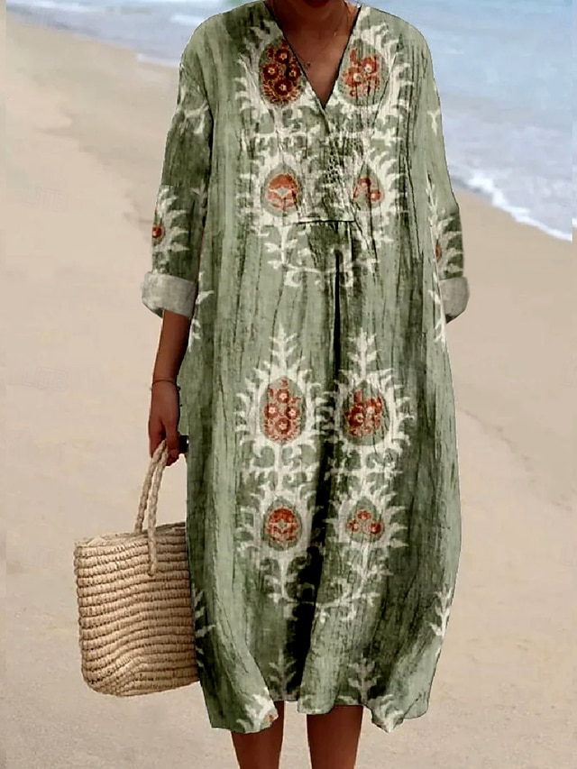  Damen Midikleid Sommerkleid A Linie Kleid Urlaub Lässig Boho Party Ferien Strand Lässiger Schnitt Blumen Grafik Langarm V Ausschnitt Salbeigrün Staubiges Blau Braun Sommer Frühling Herbst