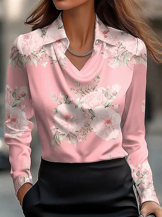  Dames Overhemd Bloemig Grafisch Elegant Stijlvol Casual Lange mouw Col Normale tops Werk Feestavondkleding Dagelijks Met ruches Gedrapeerd Geel Blozend Roze Groen Grijs Zomer Herfst