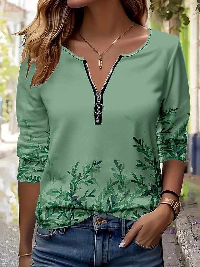 Women's T Shirt Ombre Floral Graphic Elegant Vintage Stylish Long Sleeve V Neck Round Neck Notched Neck Regular Tops Daily Weekend Zipper Print Grass Green Spring Fall Winter4