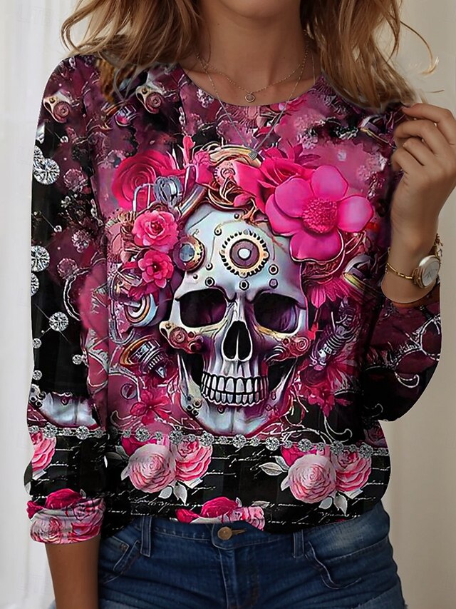 Halloween Women's T Shirt Skulls Graphic Vintage Fashion Casual Long Sleeve Crew Neck Regular Tops Daily Weekend Print Red Purple Orange Summer Spring Fall4
