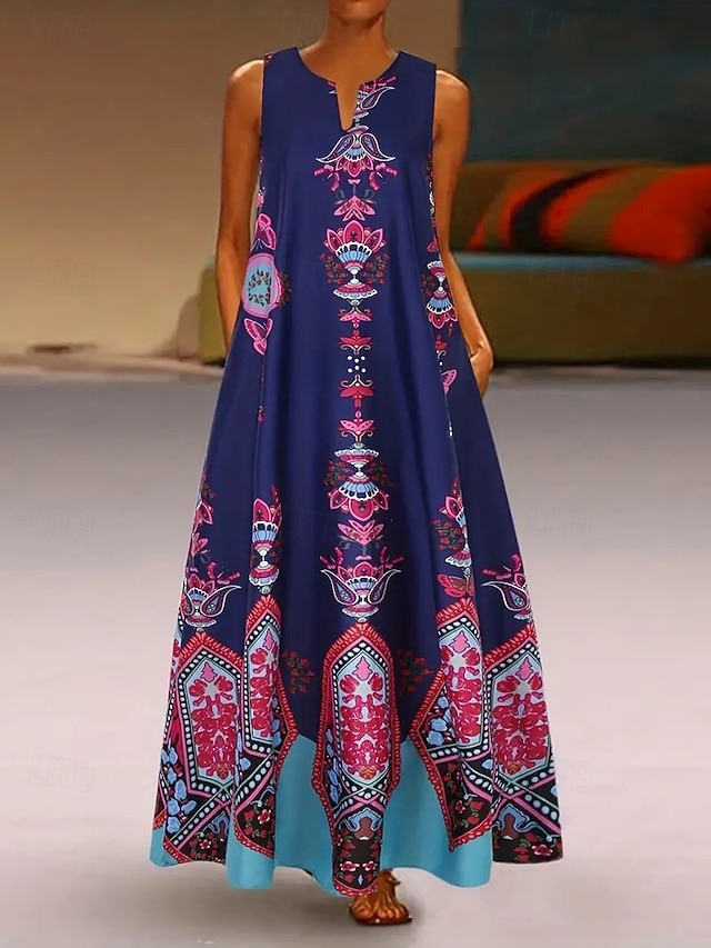 Dam Maxiklänning Sheath Dress A linjeklänning Fit And Flare Klänning party Ledigt Boho Fest Dagligen Kvällsfest Lös passning Blommig Grafisk Färgblock Ärmlös V-hals Purpur Vår Höst Vinter