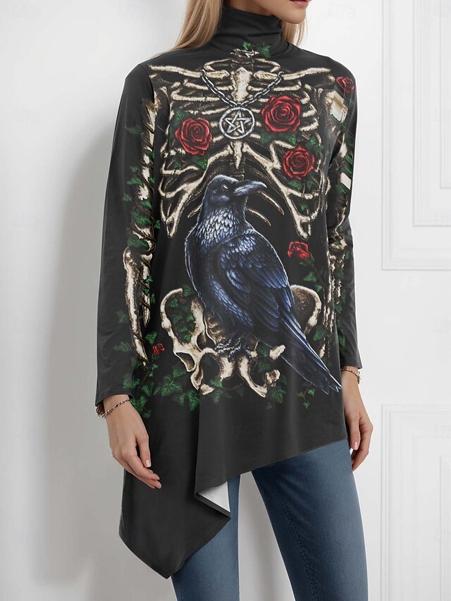 Halloween Sarah Richter by Women's Blouse Floral Graphic  Stylish Classic Casual Long Sleeve Turtleneck Regular Tops Party Evening Wear Daily Going out Asymmetric Hem Summer Spring Fall Winter4