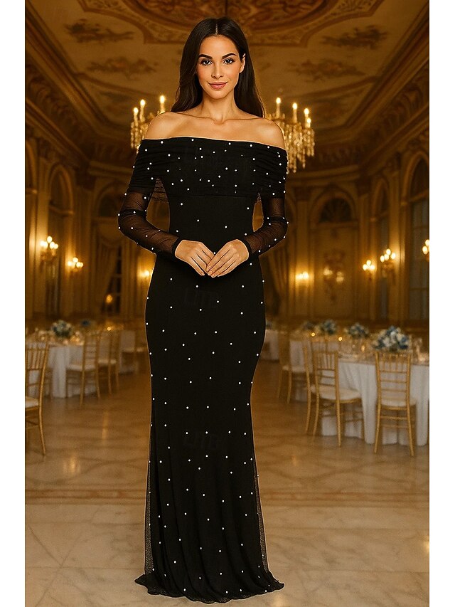 Black Tie Mesh Mermaid / Trumpet Evening Gown Pearls Elegant Dress Formal Wedding Sweep / Brush Train Long Sleeve Off Shoulder with Ruched 20254