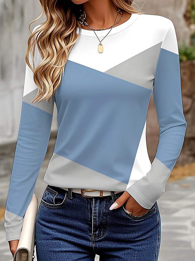 Women's T Shirt Graphic Geometric Color Block Vintage Stylish Classic Long Sleeve Crew Neck Round Neck Regular Tops Daily Print Light Blue Spring Fall Winter4