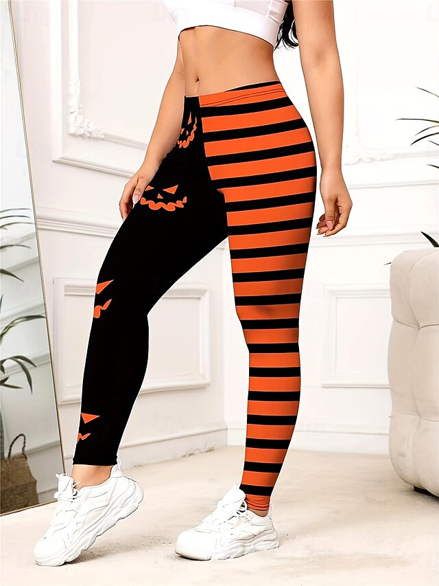 Women's Leggings Vacation Vintage Fashion Full Length High WaistPantsHalloween Graphic Pumpkin Striped Printing Soft Breathable High Elasticity Outdoor Vacation Street Orange Spring Fall Winter Slim4