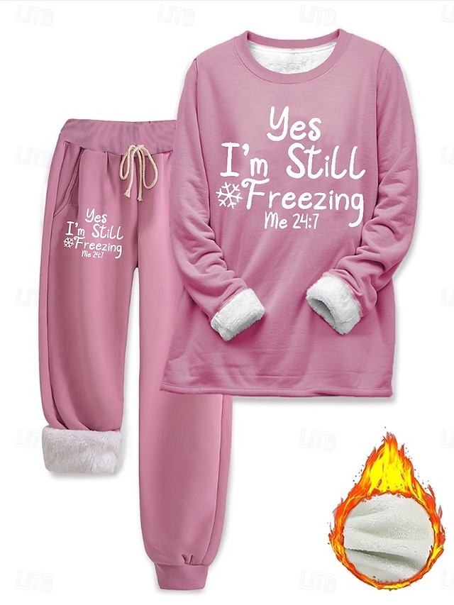  Damen Elegant Warm Mode Zweiteilige Sets Trainingsanzug Hosen-Sets Langarm Bischofsärmel Rundhalsausschnitt Grafik Buchstabe Druck Outdoor Urlaub Täglich Schwarz Rosa Dunkelpink Frühling Normale