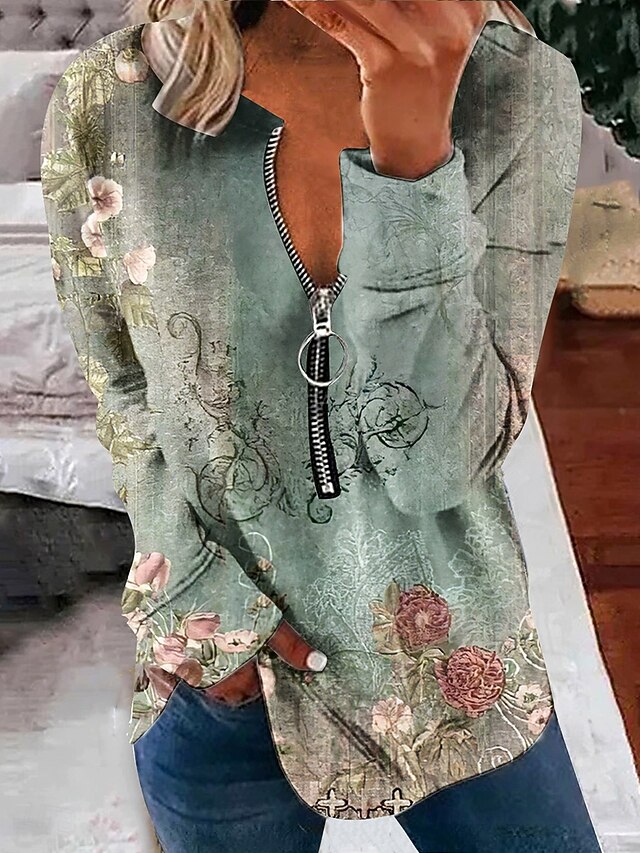 Women's Pullover Sweatshirt Zip Up Sweatshirts Floral Graphic Fashion Casual Long Sleeve Crew Neck Regular Tops Street Dailywear Zipper Print Light Green Spring Fall Winter4