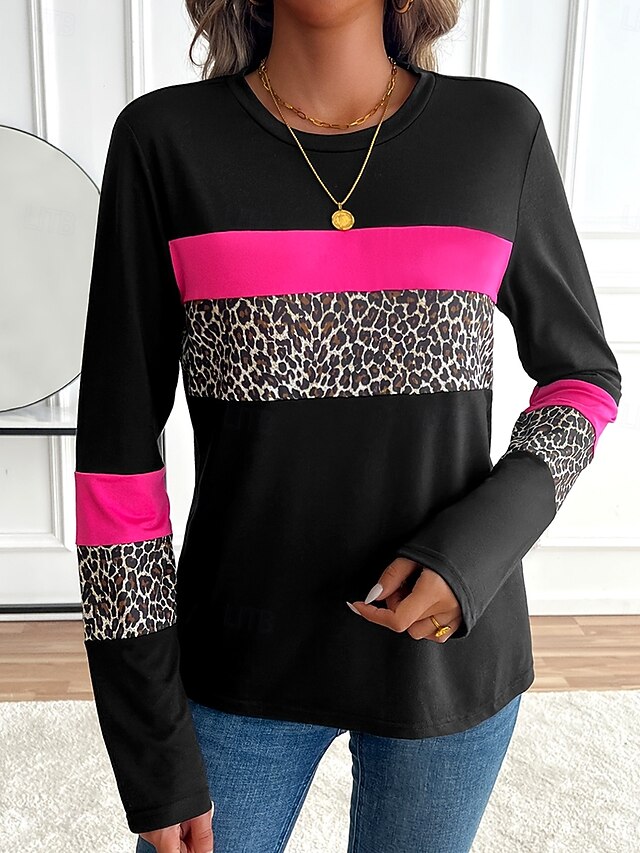 Femmes T-shirt Graphique Léopard Géométrique ancien Élégant Classique manche longue Col ras du cou Col rond Hauts Réguliers Quotidien Imprimé Rose Printemps Automne Hiver