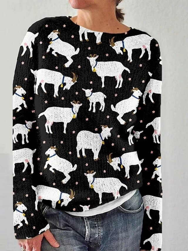 Women's Sweater Pullover Vacation Daily Casual Animal Ribbed Crew Neck Print Long Sleeve Regular Tops Knit Outdoor Daily Holiday Black Blue Fall Winter4