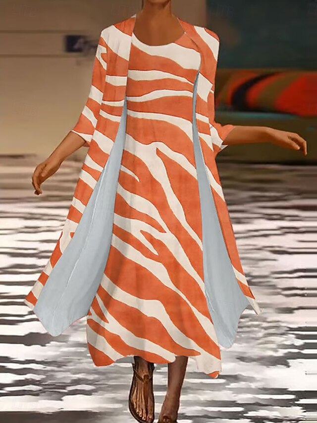 Women's Dress Set Maxi Dress Shift Dress Summer Dress Casual Graphic Geometric Layered Print Maxi Dress 3/4 Length Sleeve Crew Neck Daily Orange Spring Fall Regular Fit4