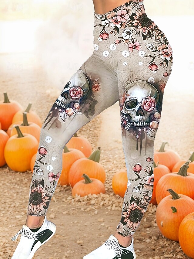 Women's Leggings Fashion Casual Full Length High WaistPantsHalloween Graphic Skull Halloween Printing Thermal Warm Soft Breathable Stretchy Street Daily Khaki Spring Fall Skinny4
