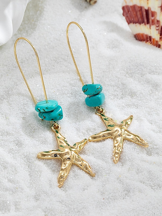  Boucles d'oreilles pendantes en or pour femmes, étoiles de mer – bijoux de plage bohème en pierre turquoise pour les vacances d'été, les fêtes sur le thème de l'océan et les tenues de villégiature