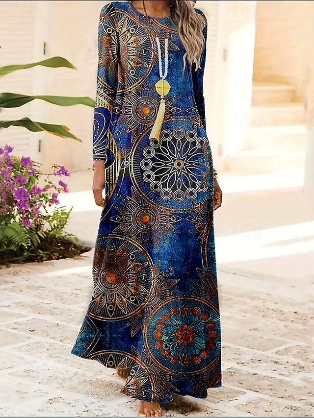  Damen Maxikleid Shiftkleid A Linie Kleid Lässig Boho Täglich Date Ausgehen Normale Passform Blumen Grafik Batik Langarm Rundhalsausschnitt Blau Frühling Herbst Winter