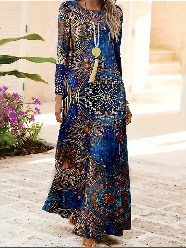 Women's Maxi Dress Shift Dress A Line Dress Casual Boho Daily Date Going out Regular Fit Floral Graphic Tie Dye Long Sleeve Crew Neck Blue Spring Fall Winter Autumn4