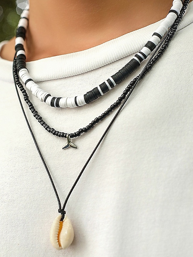  Ensemble de colliers de plage 3 pièces pour homme – perles en résine noires et blanches, pendentif coquillage et chaîne en corde cirée – bijoux de style surfeur pour l'été, les festivals et les tenues décontractées