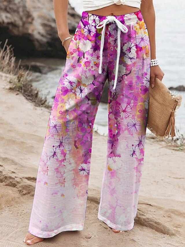 Women's Wide Leg Pants Trousers Vacation Casual Long High Waist Floral Elastic Waist Printing High Cut Breathability Soft Micro-elastic Vacation Street Daily Wear Pink Spring Fall Regular Fit4